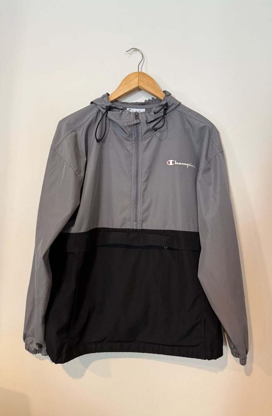 Champion Colorblock Anorak Jacket Size L Gray Black Windbreaker